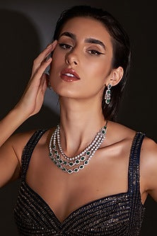White Finish Zircon & Green Stone Layered Necklace Set