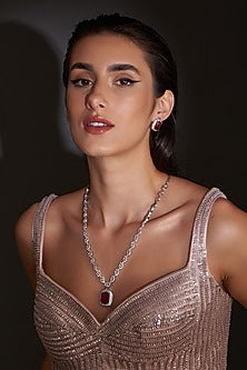 White Finish Zircon & Red Stone Long Necklace Set