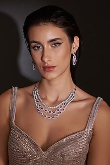 White Finish Zircon & Red Stone Layered Necklace Set