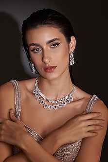 White Finish Zircon & Red Stone Layered Necklace Set