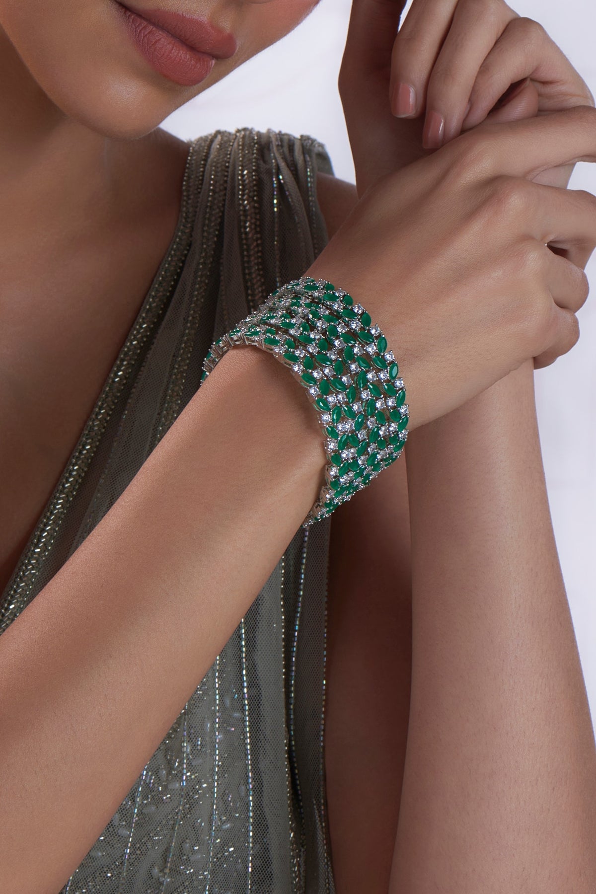 White Finish Zircon & Green Stone Bangles (Set of 4)