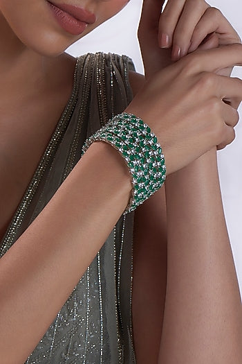 White Finish Zircon & Green Stone Bangles (Set of 4)
