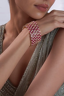 Gold Finish Zircon & Red Stone Bangles (Set of 4)