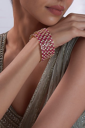 Gold Finish Zircon & Red Stone Bangles (Set of 4)