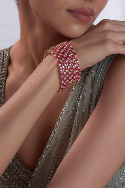 Gold Finish Zircon & Red Stone Bangles (Set of 4)