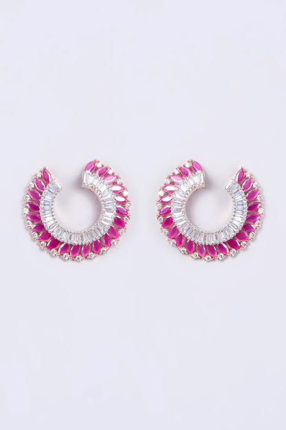 Rose Gold Finish Red Synthetic Stone & Zircon Hoop Earrings