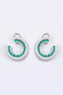 White Finish Zircon & Green Synthetic Stone Stud Earrings