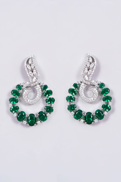 White Finish Zircon & Green Synthetic Stones Earrings