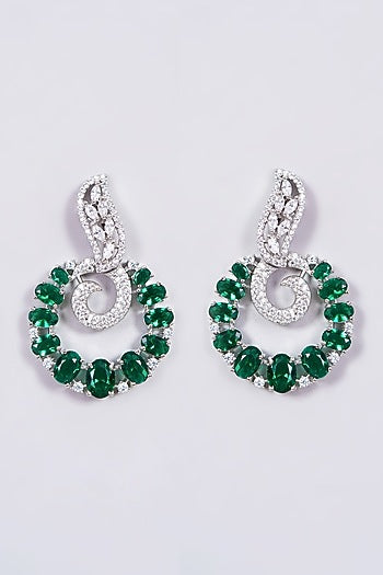 White Finish Zircon & Green Synthetic Stones Earrings