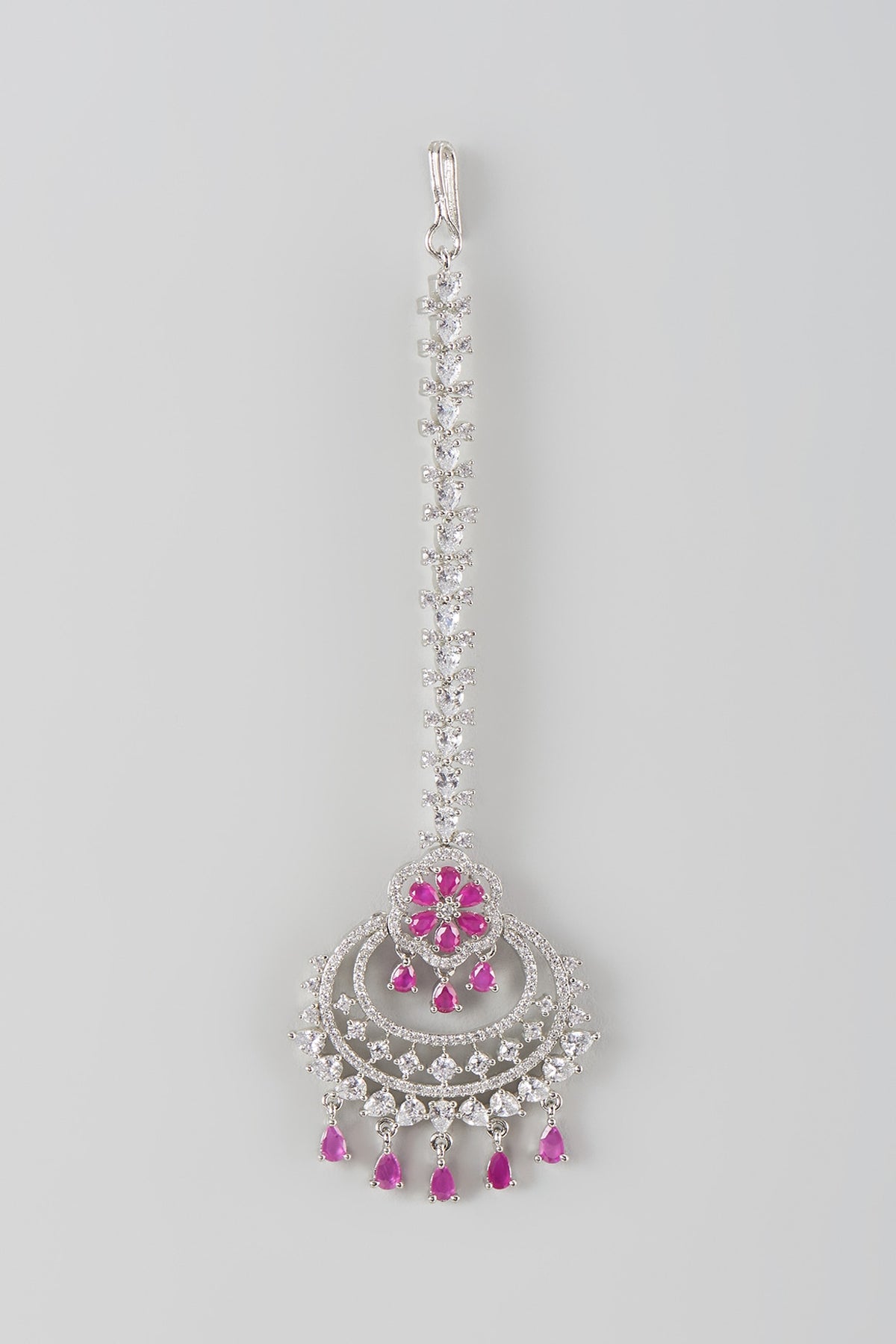 White Finish Pink Synthetic Stone & Zircon Maang Tika