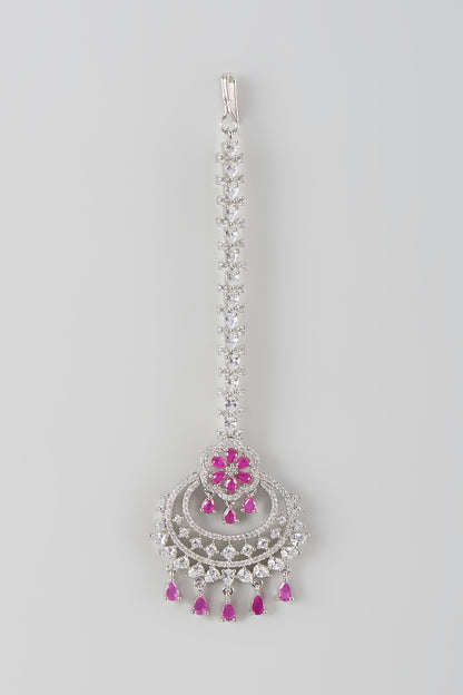 White Finish Pink Synthetic Stone & Zircon Maang Tika