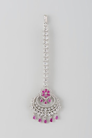 White Finish Pink Synthetic Stone & Zircon Maang Tika