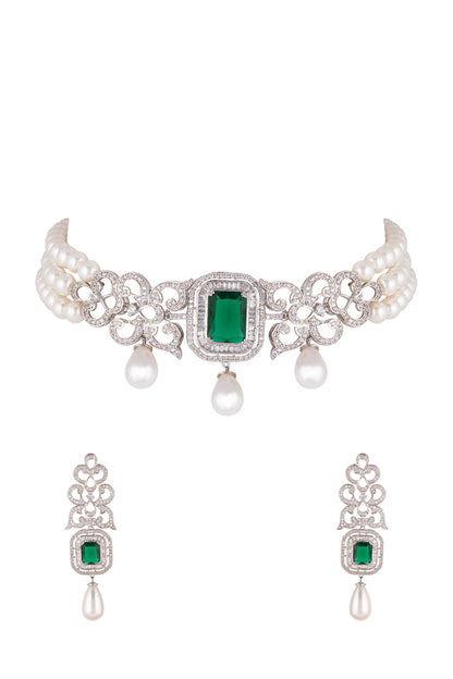 White Finish Pearl Choker Necklace Set