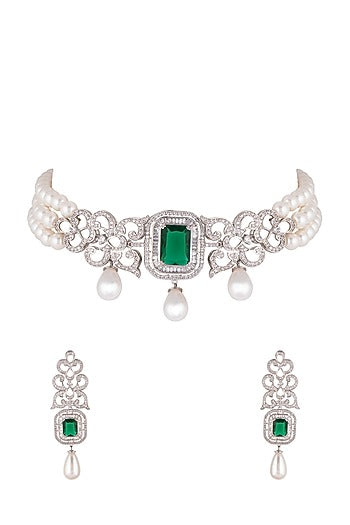 White Finish Pearl Choker Necklace Set