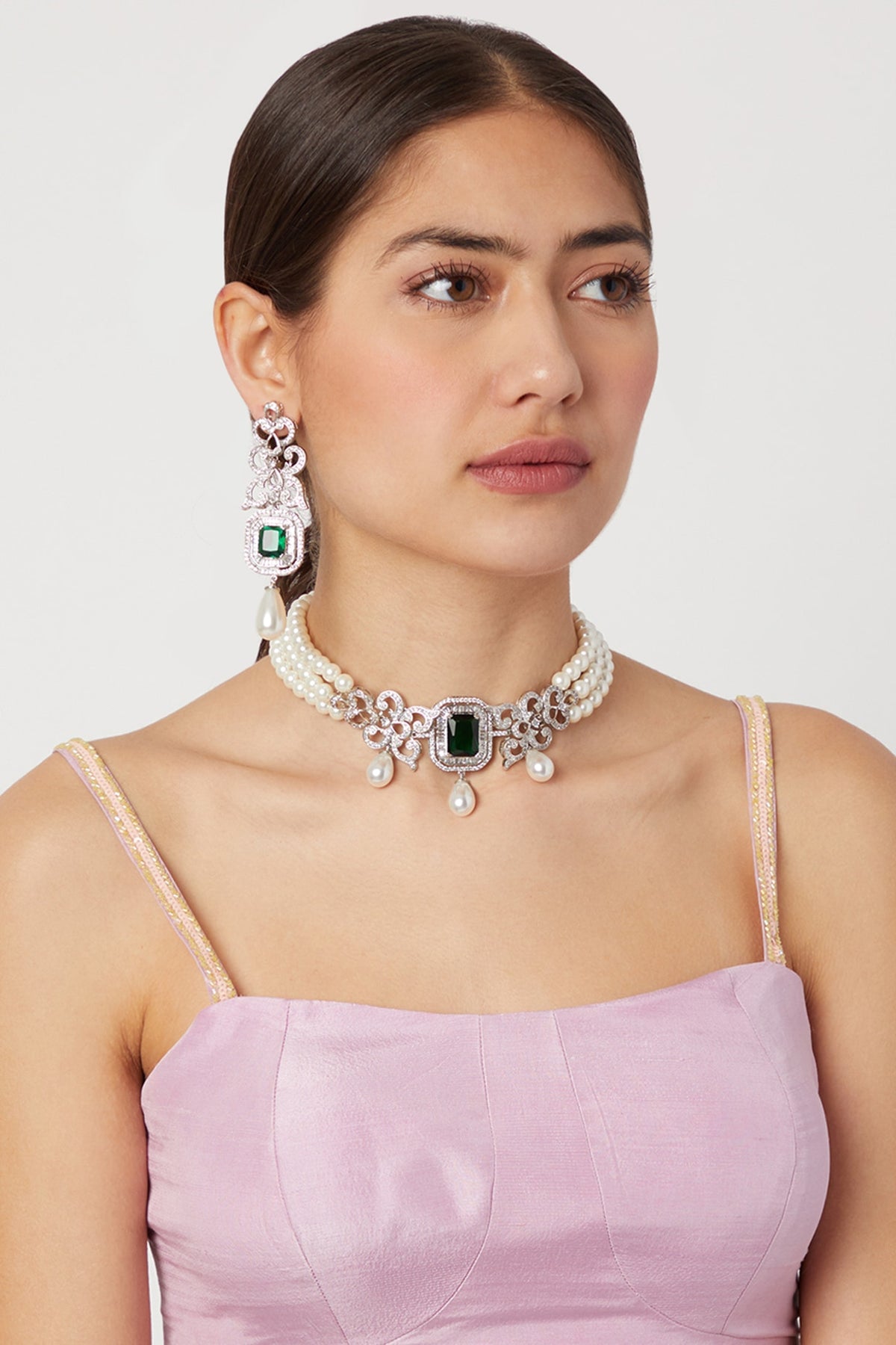 White Finish Pearl Choker Necklace Set