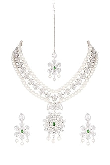 White Finish Pearl & Diamond Necklace Set