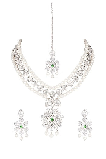 White Finish Pearl & Diamond Necklace Set