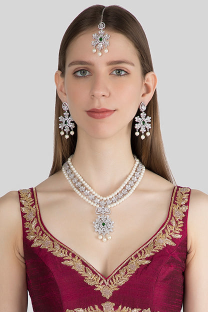 White Finish Pearl & Diamond Necklace Set