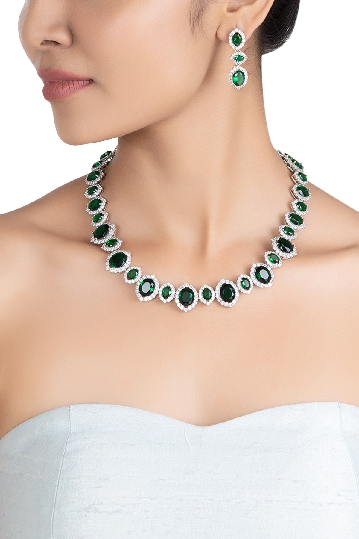 Silver plated faux emerald and diamond necklace set