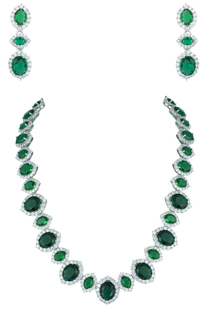Silver plated faux emerald and diamond necklace set