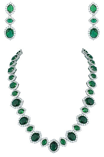 Silver plated faux emerald and diamond necklace set