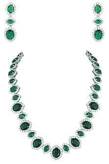 Silver plated faux emerald and diamond necklace set