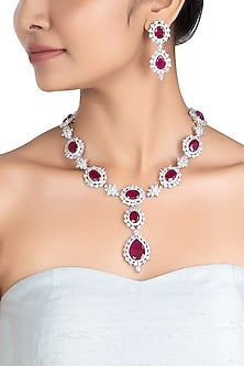 Silver plated faux ruby and diamond necklace set
