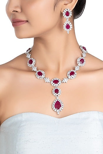 Silver plated faux ruby and diamond necklace set