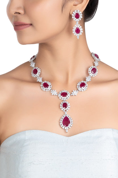 Silver plated faux ruby and diamond necklace set