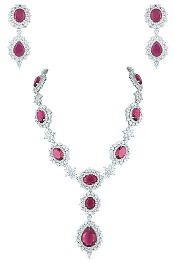 Silver plated faux ruby and diamond necklace set