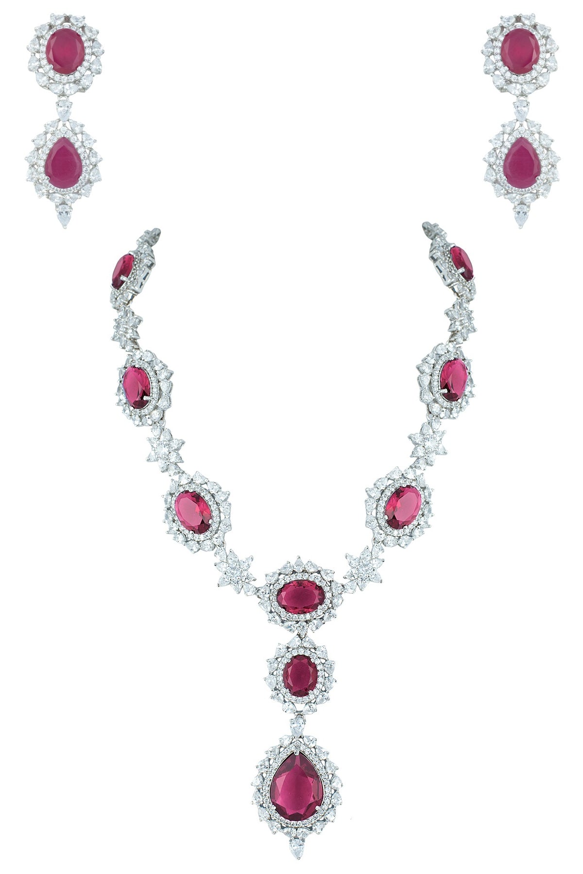 Silver plated faux ruby and diamond necklace set