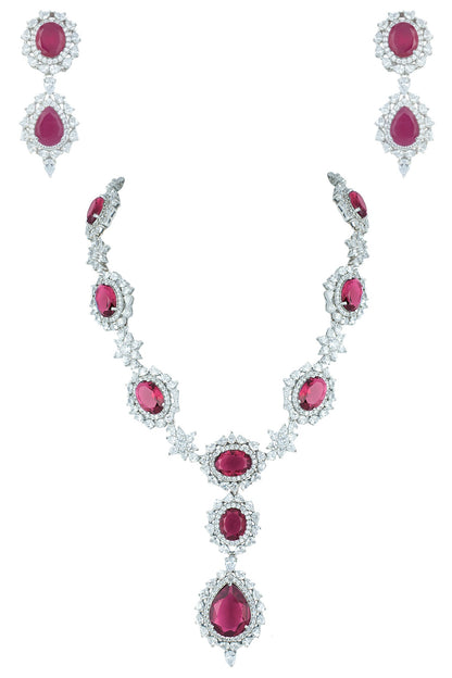 Silver plated faux ruby and diamond necklace set