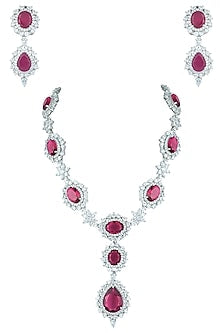 Silver plated faux ruby and diamond necklace set