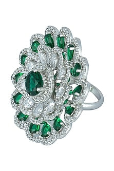 Silver plated faux diamond and emerald ring