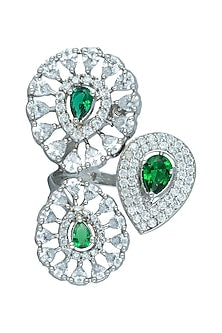 Silver plated faux diamond and emerald ring