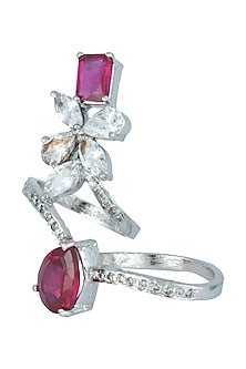Silver plated faux diamond and ruby double finger ring