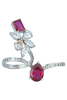 Silver plated faux diamond and ruby double finger ring