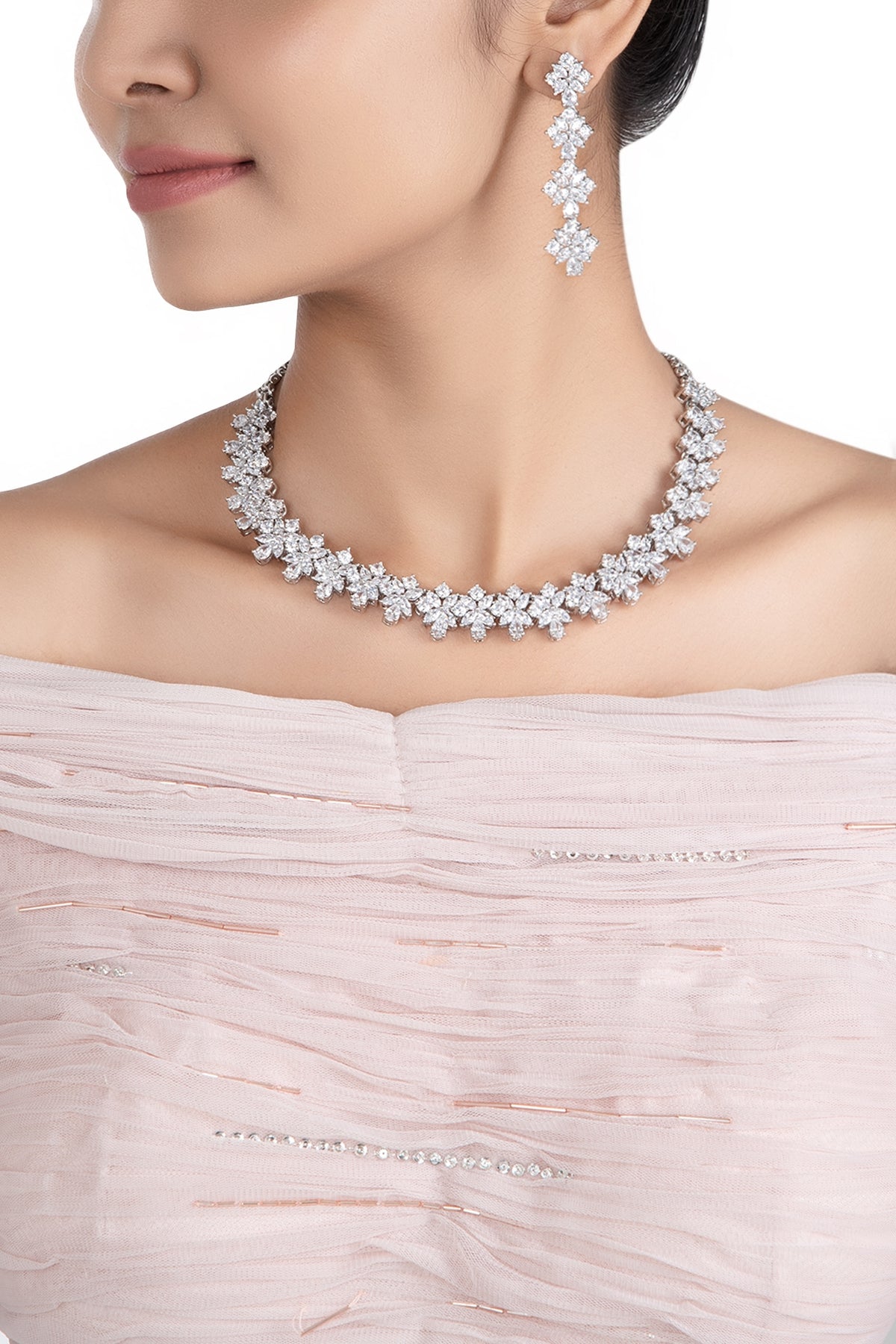 Silver plated faux solitaire diamond necklace set