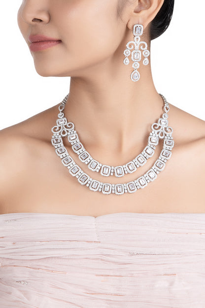 Silver plated faux diamond necklace set