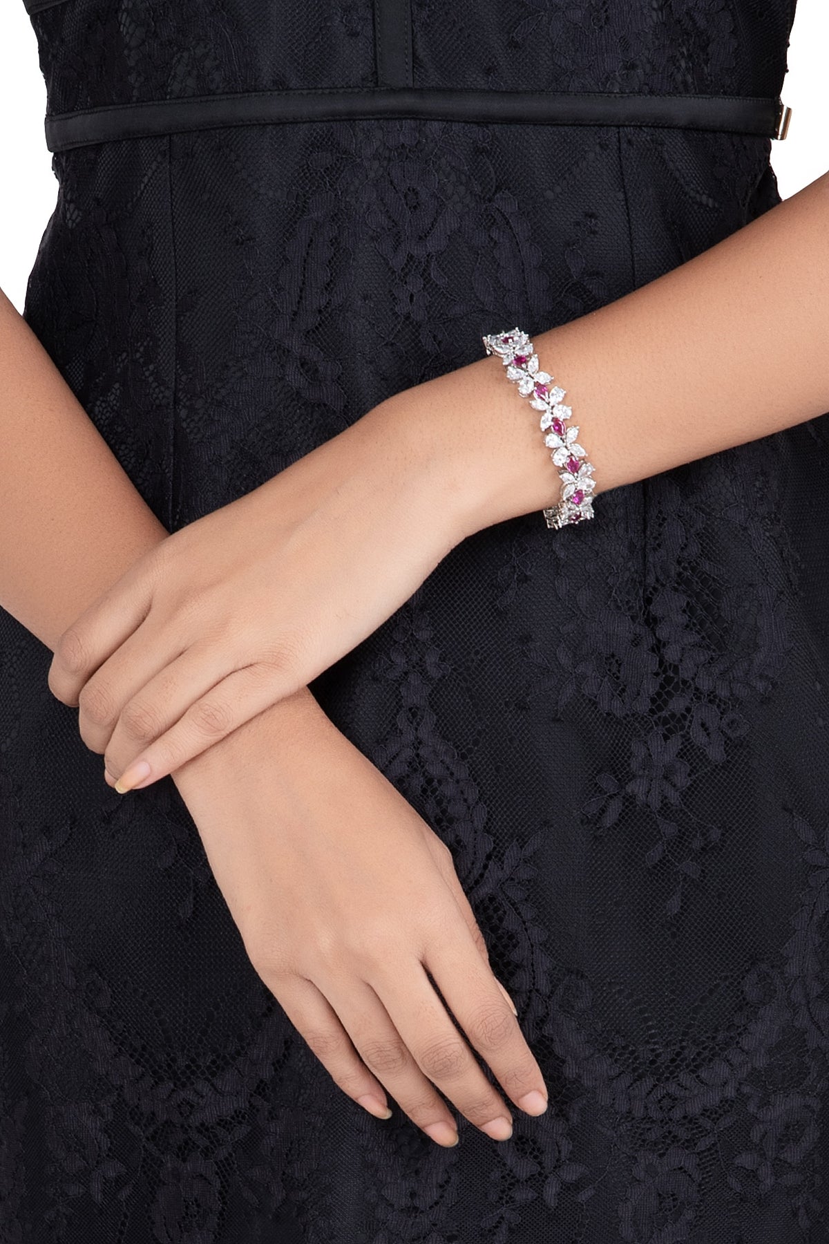 Silver plated faux diamond and ruby bracelet