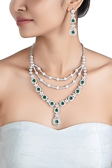Silver plated triple line diamond and emerald necklace set