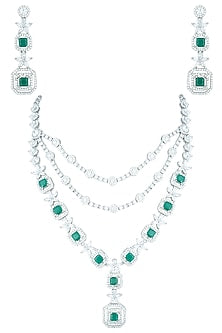 Silver plated triple line diamond and emerald necklace set