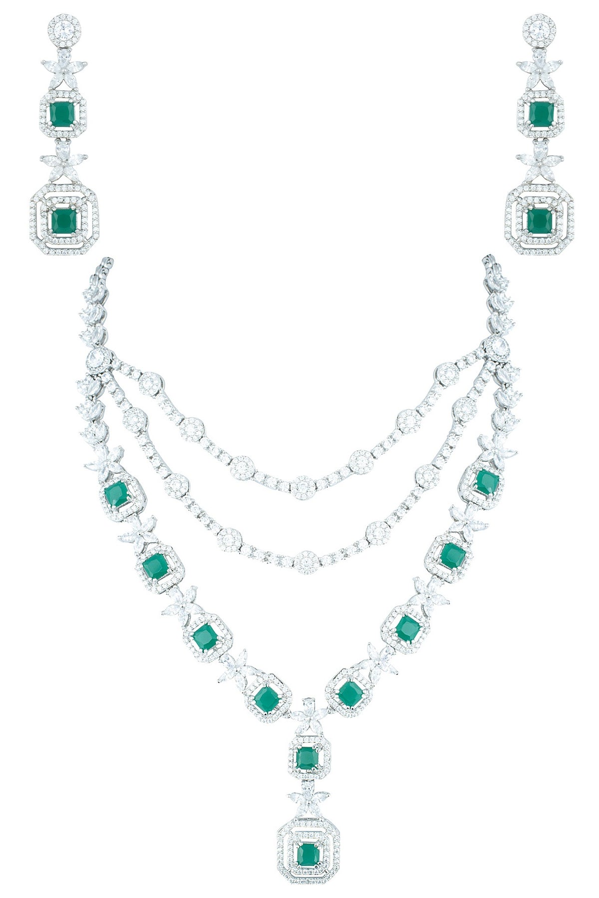 Silver plated triple line diamond and emerald necklace set