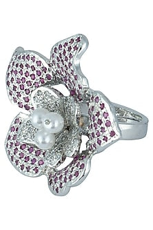 Silver plated floral zircon ring