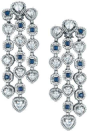 Rhodium plated faux diamond and sapphire dangler earrings