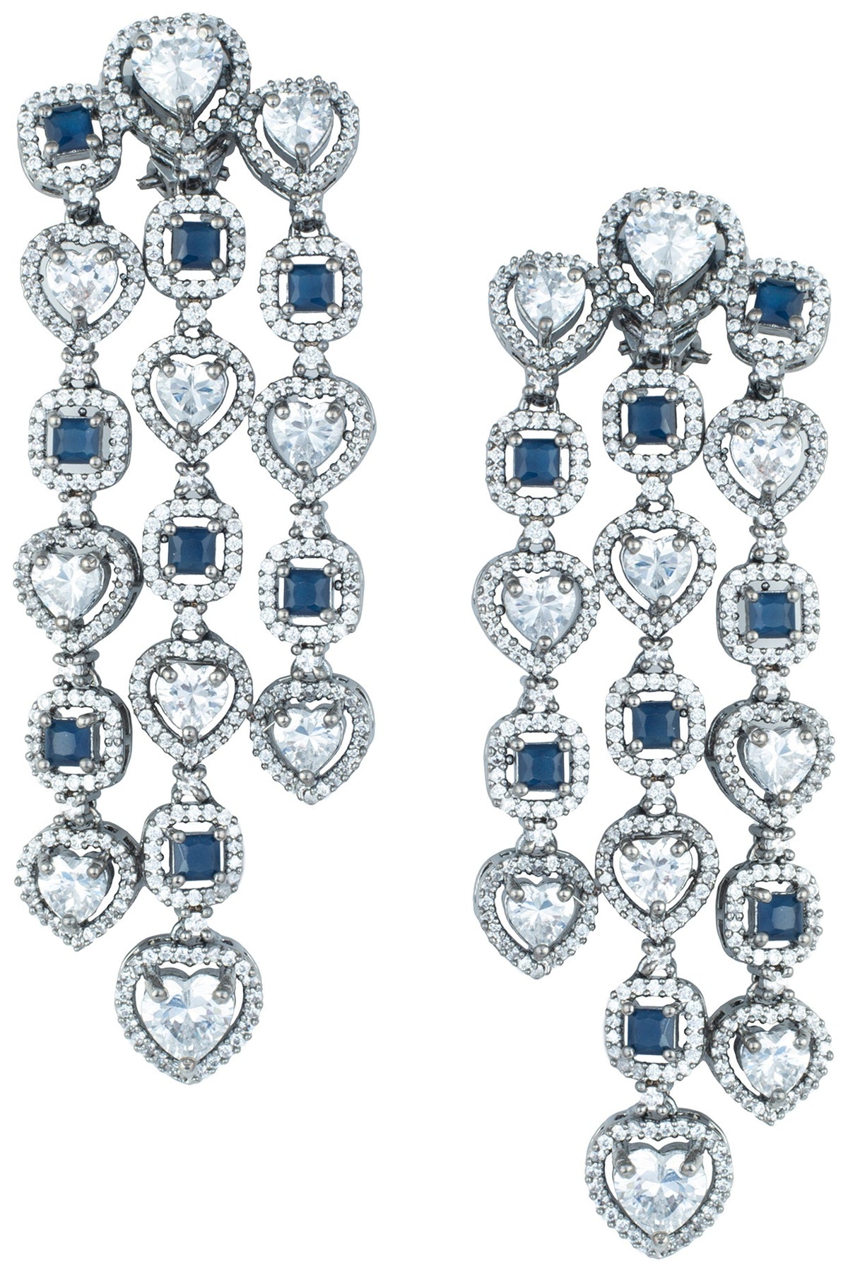 Rhodium plated faux diamond and sapphire dangler earrings