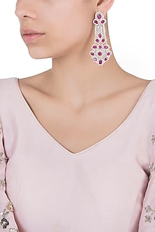 Silver plated faux ruby and diamond long earrings