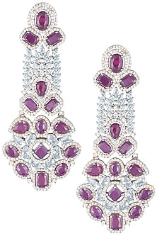 Silver plated faux ruby and diamond long earrings