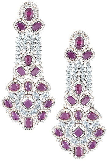 Silver plated faux ruby and diamond long earrings