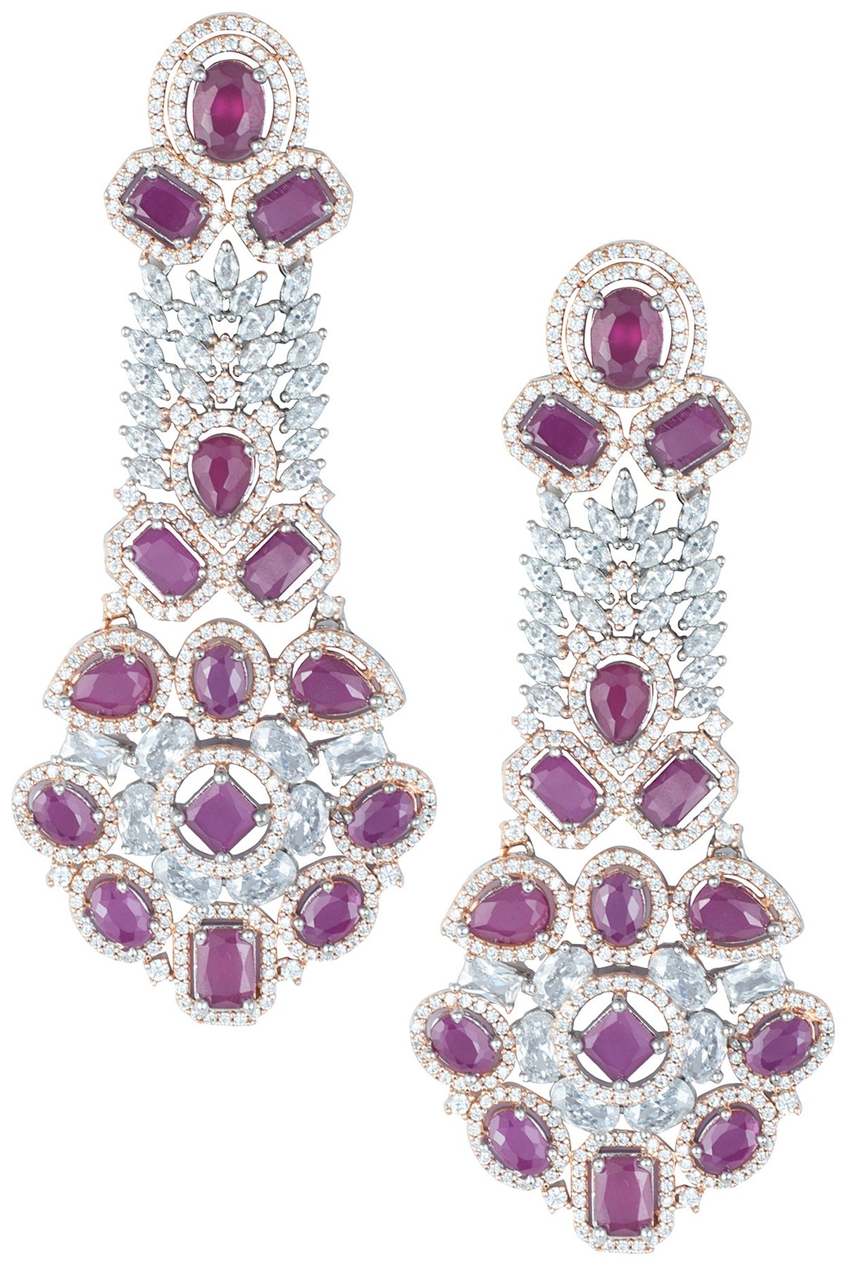 Silver plated faux ruby and diamond long earrings